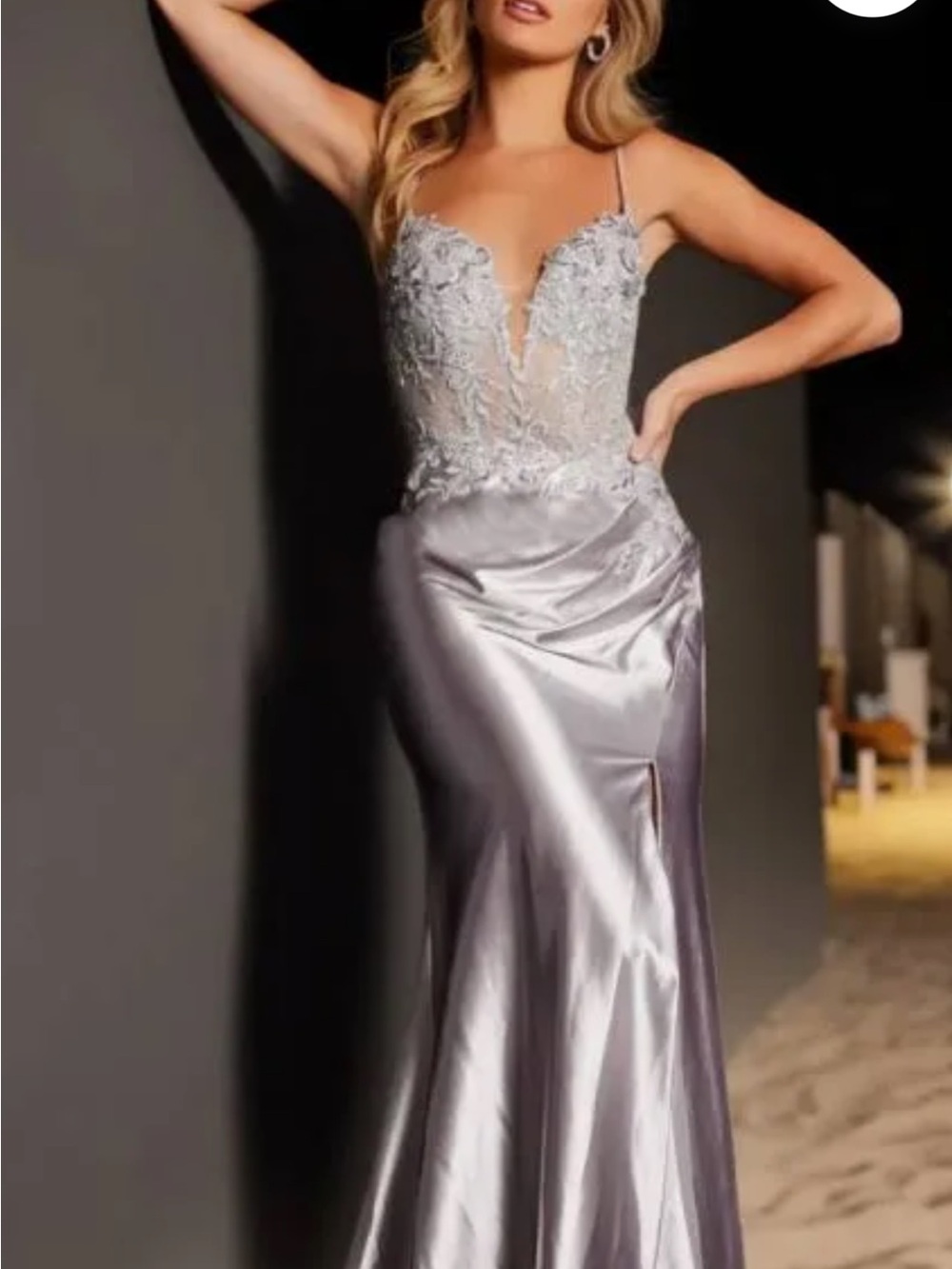 JVN by Jovani Silver Lace Bodice Satin Prom Gown